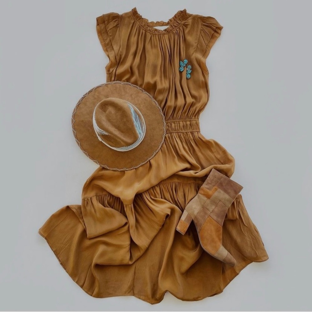 Ruffle neck, socked waist, flutter sleeve midi